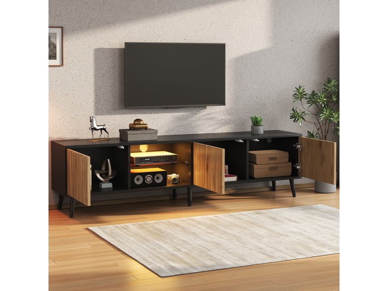  Meuble tv led 175x31x43,5 cm avec 3 portes, verre trempé et 6 pieds, grand rangement, bois naturel evarich - Conforama D