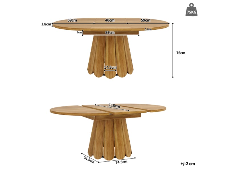  Table à manger extensible en bois rond passage ovale 118-158 cm, table repas multifonction adaptée cuisine, balcon et salle à mang  - Conforama D