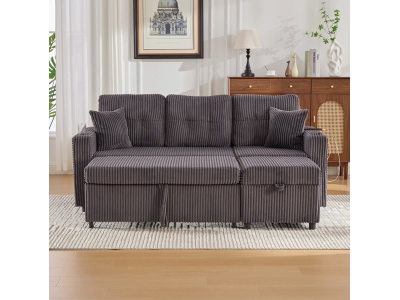  Canapé 3 places 196x82–144x85cm coussins douillets lumières led prise usb‑c intégrée velours côtelé gris foncé  - Conforama B