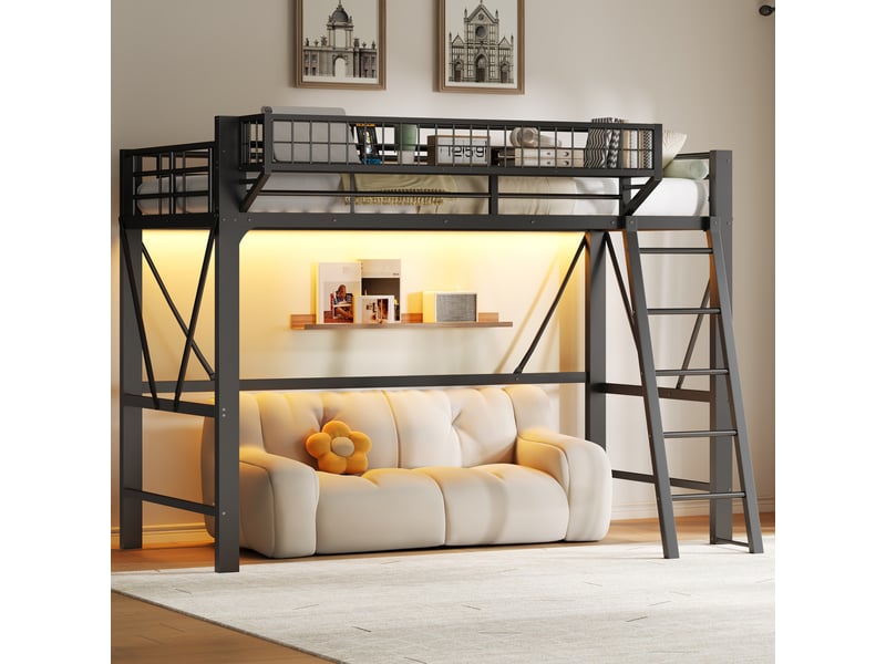  Lit mezzanine 90x200 cm avec panier de rangement métal led noir  - Conforama B