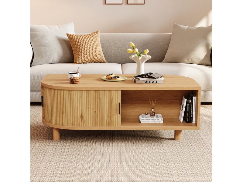 Table basse 100x50x35 cm avec 2 portes coulissantes, finition bois naturel - Conforama D