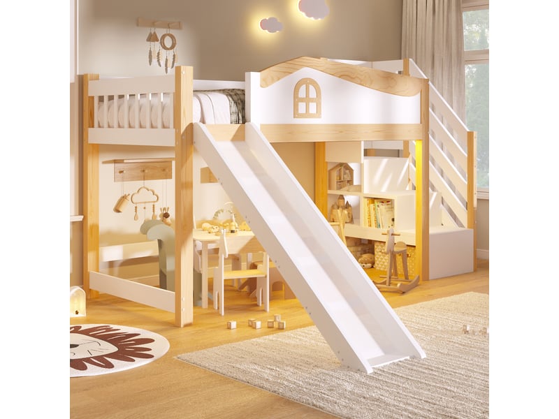 Lit superposé 90x200 cm avec led, garde-corps échelle et rangements, lit enfant avec sommier à lattes en mdf et pin blanc - Conforama B