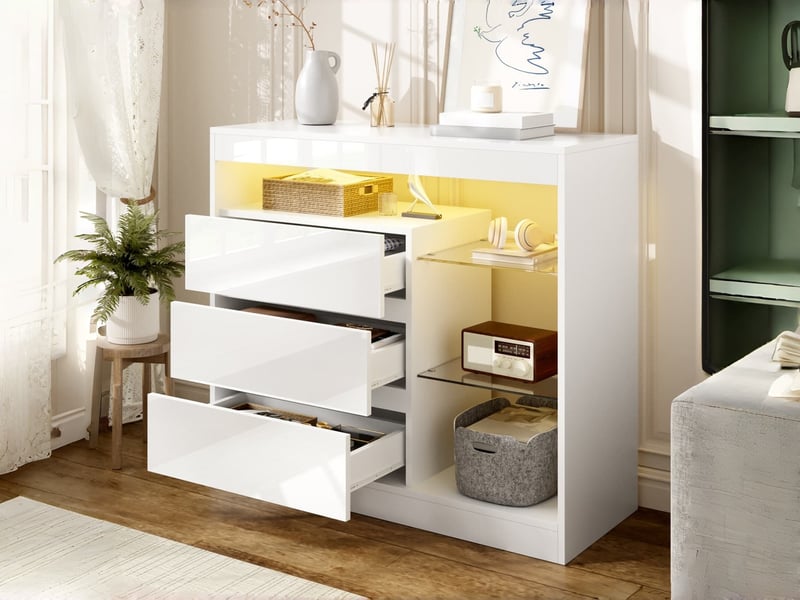  Commode 3 tiroirs, avec tablettes en verre et éclairage led, finition laquée brillante, pour salon et chambre, 90 x 35 x 80 cm, blanc  - Conforama B