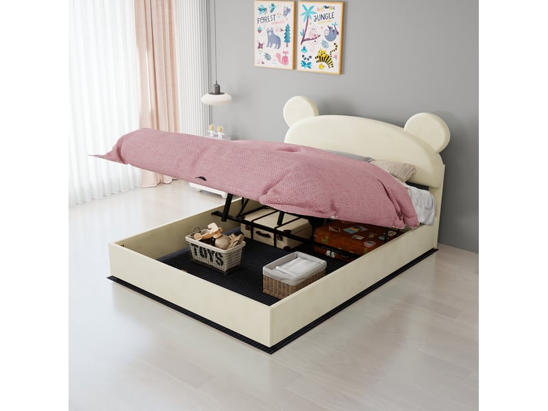  Lit coffre 140x200 cm avec matelas, tête de lit fantaisie, rangement relevable à vérins, velours et métal, beige  - Conforama B