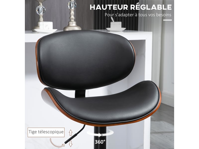  Lot de 2 tabourets de bar design contemporain hauteur d'assise réglable 62-82 cm pivotant 360° bois revêtement synthétique noir  - Conforama E