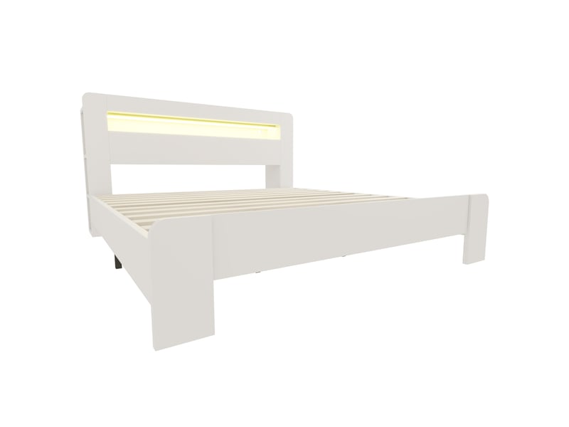  Lit plateforme 180x200 cm, cadre de lit, rangement, bois blanc, led  - Conforama W