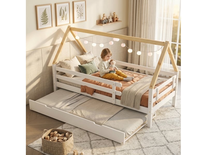 Lit cabane enfant 90x200 cm avec lit gigogne 90x190 cm à roulettes, blanc naturel - Conforama E
