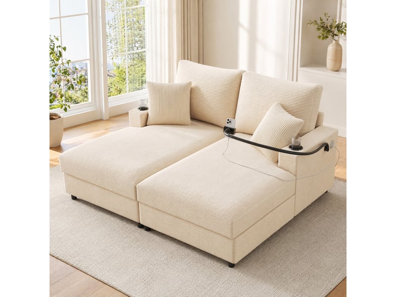  Canapé droit convertible 2 places en velours côtelé beige, avec usb, usb-c, porte-téléphone et 2 porte-gobelets  - Conforama B