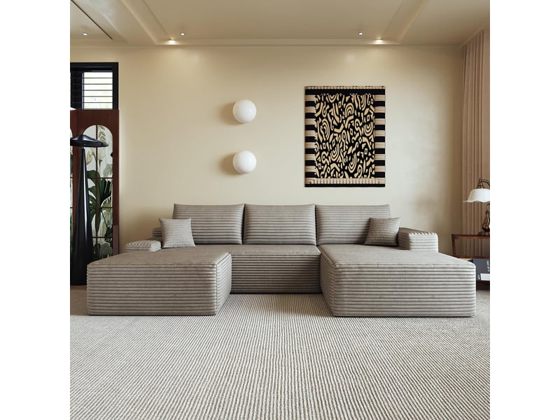  Canapé d'angle modulaire 270cm - canapé en l avec méridienne droite, velours côtelé, sans montage - beige  - Conforama C