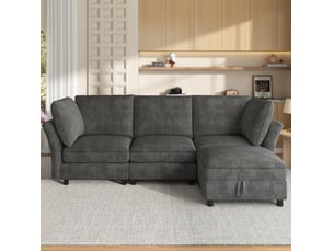 Canapé droit fixe <strong>HAVRYA</strong> <strong></strong> 4 places Tissu gris avec coffre de rangement