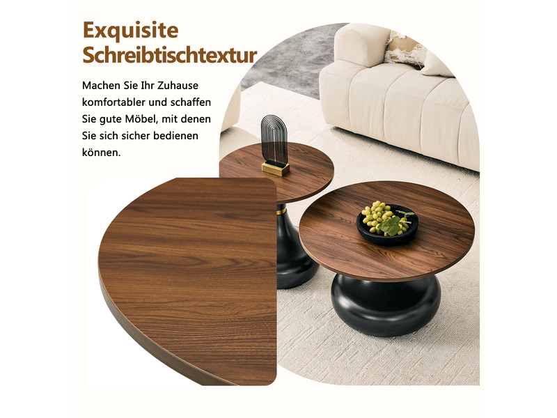  Lot de 2 tables basses rondes 70x42+50x51 cm, appoint canapé, design empilable, pour le salon, métal, noyer et noir  - Conforama E