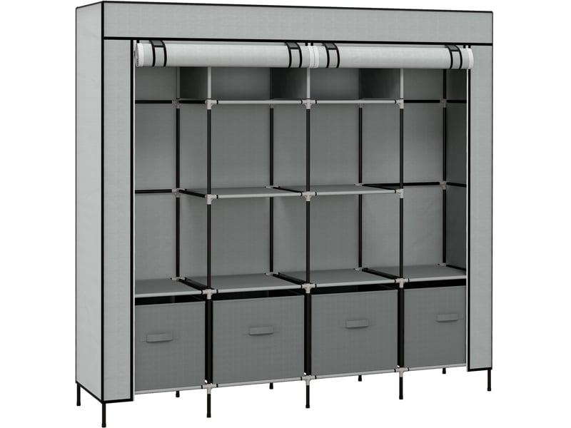  Armoire en tissu avec 2 barres 10 compartiments et 4 tiroirs, porte zippée pour chambre et entrée, gris foncé  - Conforama A