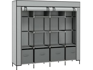 Armoire en tissu avec 2 barres 10 compartiments et 4 tiroirs, porte zippée pour chambre et entrée, gris foncé
