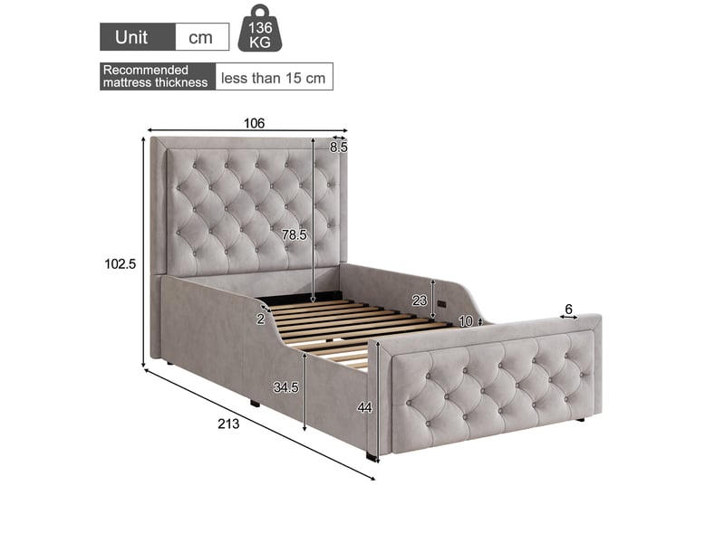  Lit coffre enfant 1 place 90×200 cm hydraulique, tête rembourrée  - sans matelas, velours gris  - Conforama D