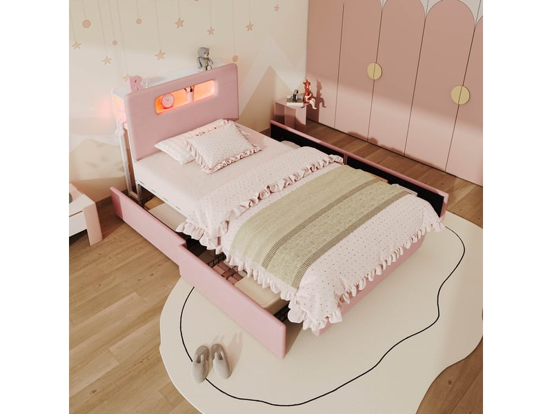  Lit enfant rembourré 90x200 cm en velours avec rangement, tête de lit avec étagères, 4 tiroirs, éclairage led - rose  - Conforama E