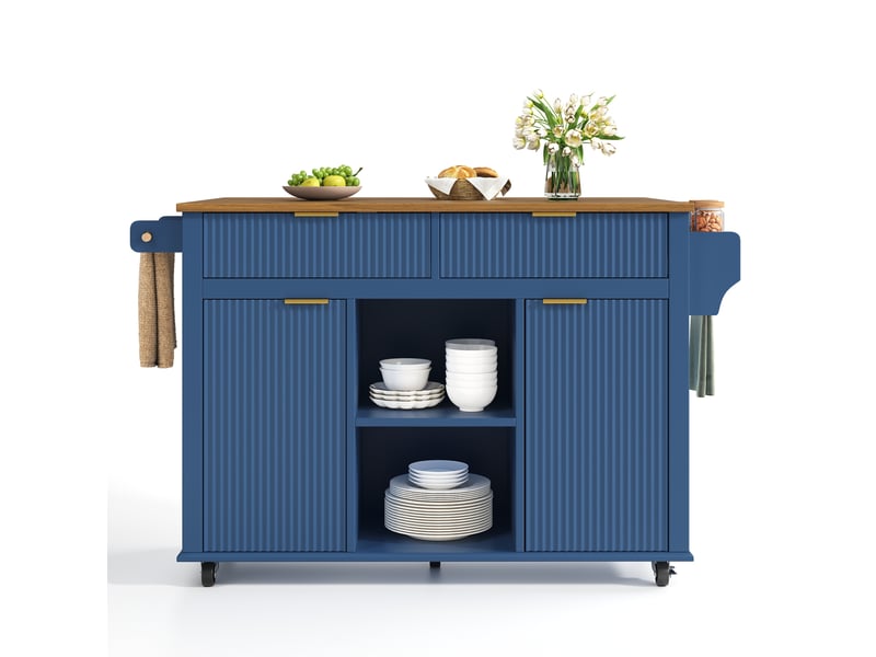  Desserte de cuisine bleu et marron avec plateau rabattable, 2 tiroirs, 2 portes et roulettes  - Conforama A