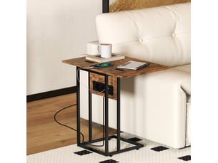 Table d'appoint pliable en c avec plateau extensible et station de charge pour salon, bois et métal, marron rustique