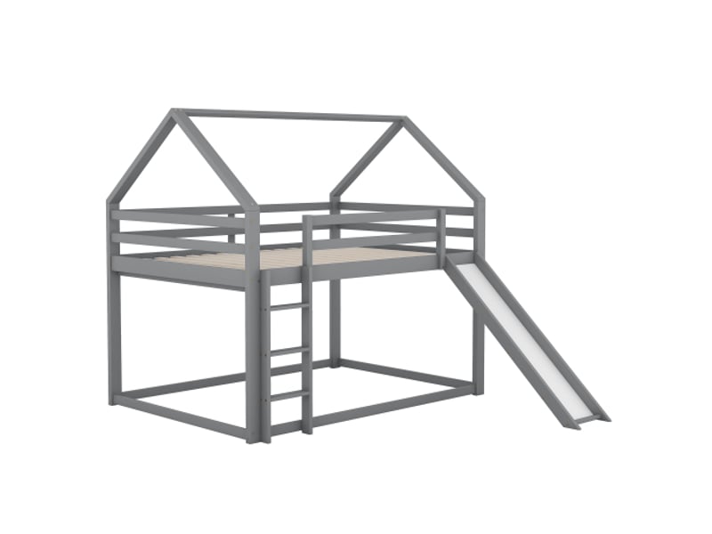  Lit superposé enfant 140x200 avec toboggan et échelle, en pin, charge de 150 kg, protection antichute, gris, sans matelas  - Conforama D