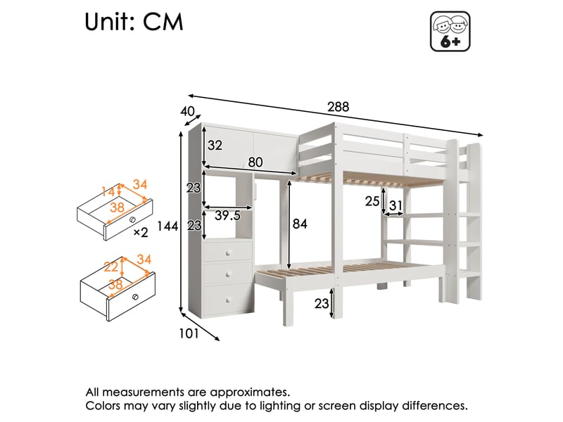  Modenvie lit superposé 90x200 cm - avec rangement intégré, veilleuse led, sans matelas - blanc  - Conforama C
