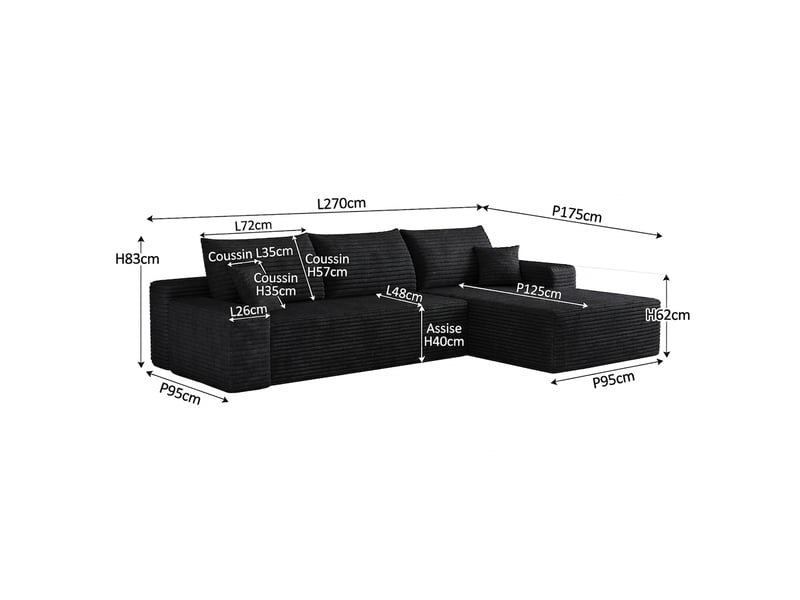  Canapé d'angle modulable noir 3 places avec méridienne - velours côtelé - 270 cm - sans montage  - Conforama C