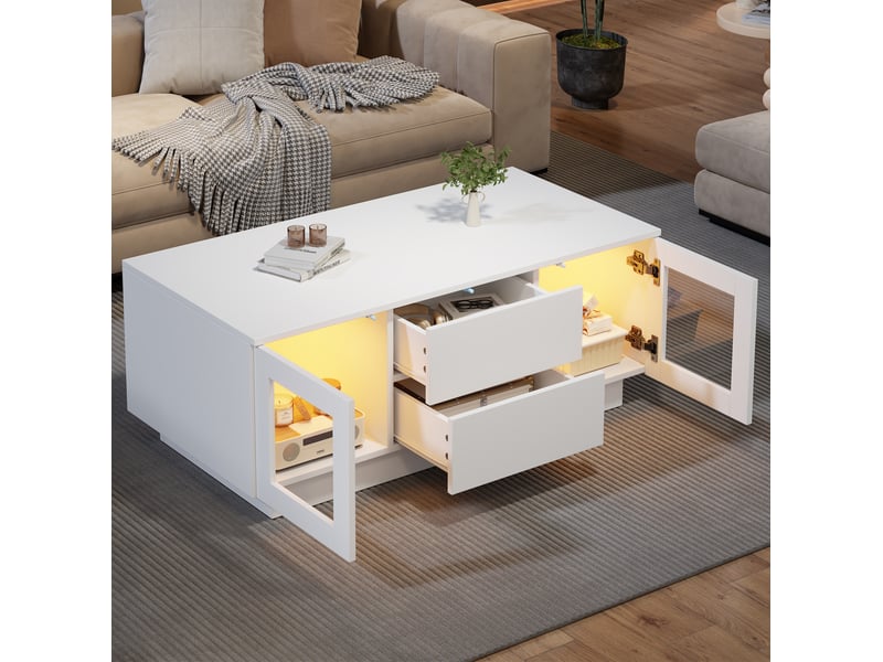  Table basse blanche brillante 100 x 50 x 40 cm avec led rgb, 2 tiroirs et 2 rangements vitrés pour le salon  - Conforama E