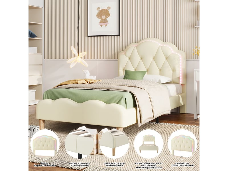  Lit rembourré 90x200cm similicuir beige tête de lit ondulée éclairage led multicolore - lit simple - capitonné sommier à lattes bois  - Conforama D