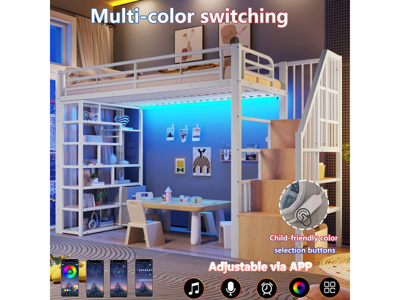 Lit jeune, 90x200 cm, éclairage led, rangement intégré, en métal, blanc, poids 62,7 kg cao-WX005018AAK-conf-NEW - Conforama R
