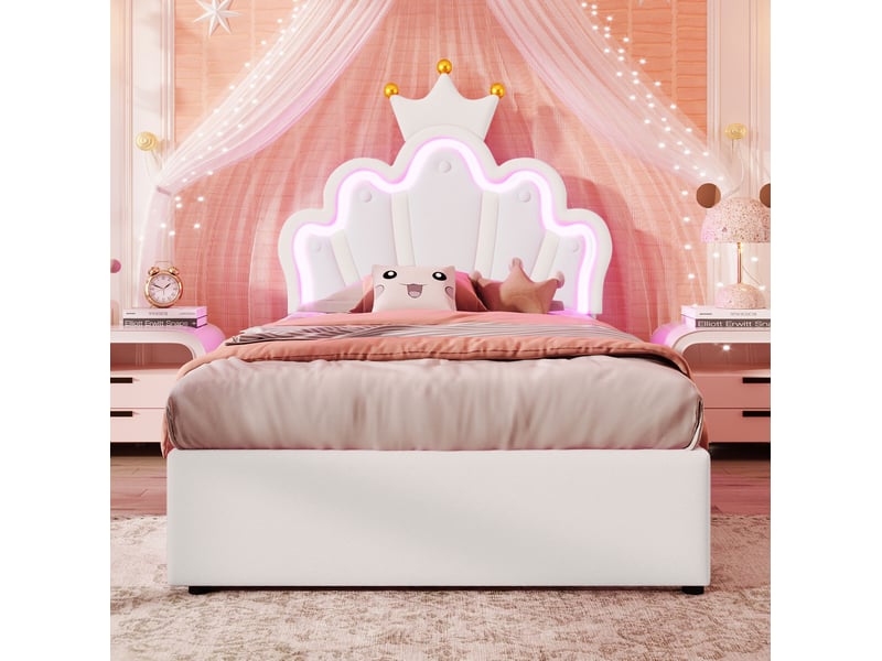  Lit enfant 90 x 200 cm avec 2 tiroirs, éclairage led télécommandé, blanc  - Conforama D