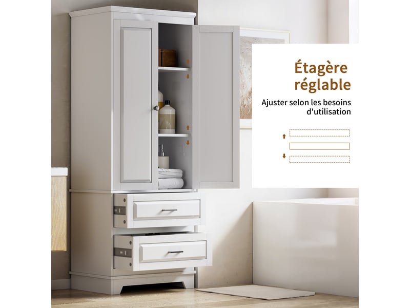  Armoire chambre penderie avec 2 portes 2 tiroirs, armoires de rangement avec  étagère réglable, 60x40x157 cm, blanc  - Conforama D