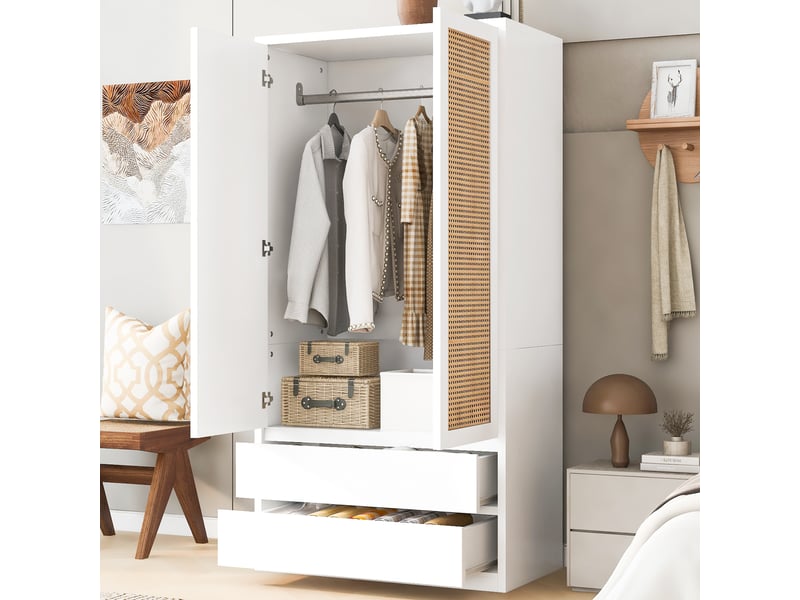  Armoire à deux portes 90 × 50 × 170 cm – avec 2 tiroirs – portes en rotin – blanc  - Conforama B