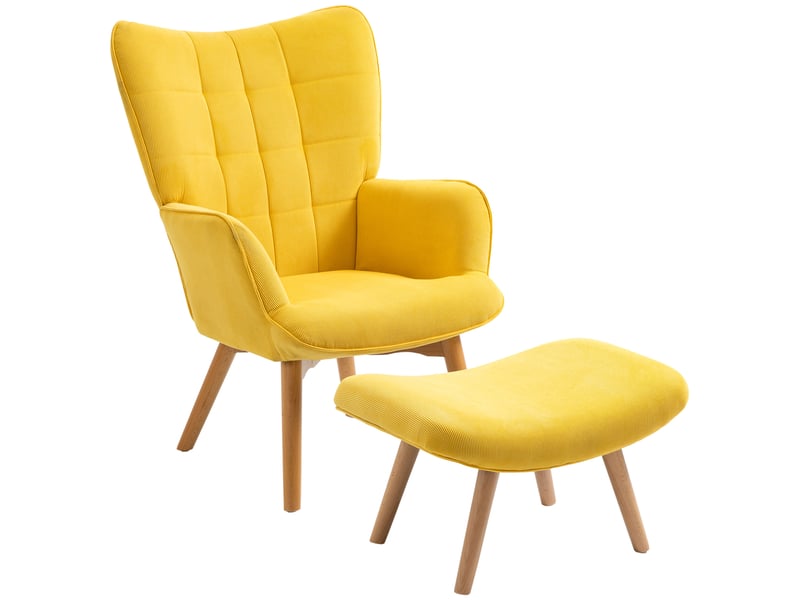  Fauteuil d'appoint avec repose-pieds, fauteuil inclinable aspect velours côtelé, fauteuil à pieds en bois, pour salon, jaune  - Conforama B