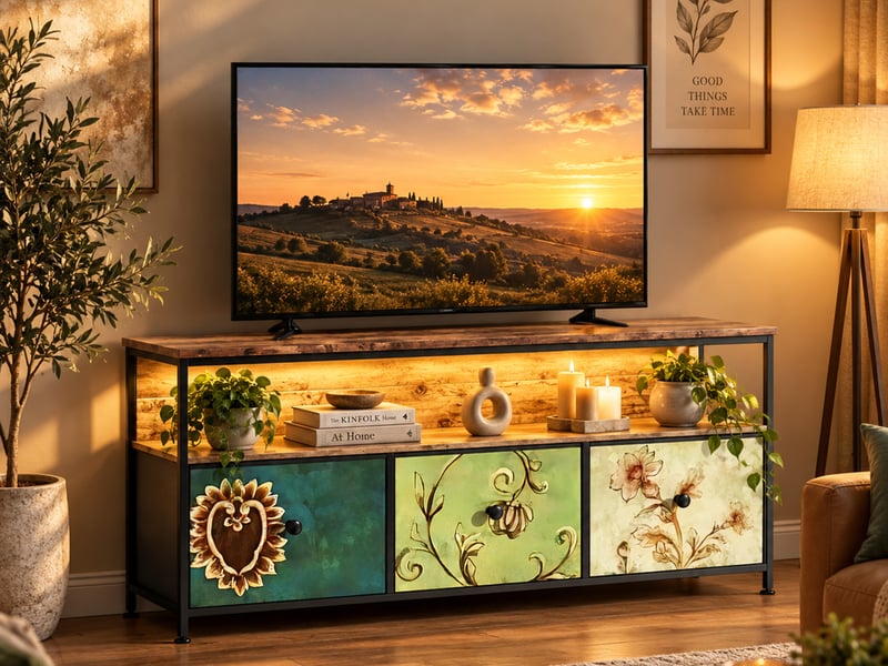 Meuble tv led 137cm meuble télé avec 3 tiroir en tissu et étagères ouvertes, cadre en acier, banc tv salon, chambre, multicolore - Conforama B