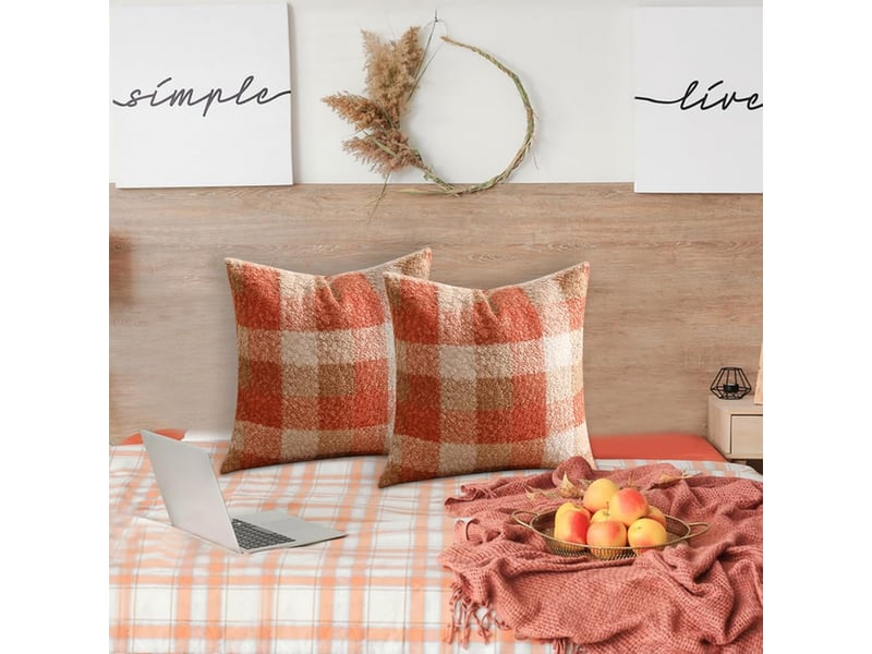  Lot de 2 housses de coussin d'automne - 45 x 45 cm - orange à carreaux - décoration halloween - coussin fait main avec effet - en peluche  - Conforama E