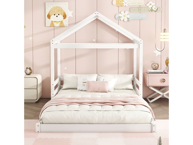  Lit cabane enfant 140 x 200 cm avec sommier à 7 lattes et barrières, pin et mdf, blanc Fay Lum - Conforama R