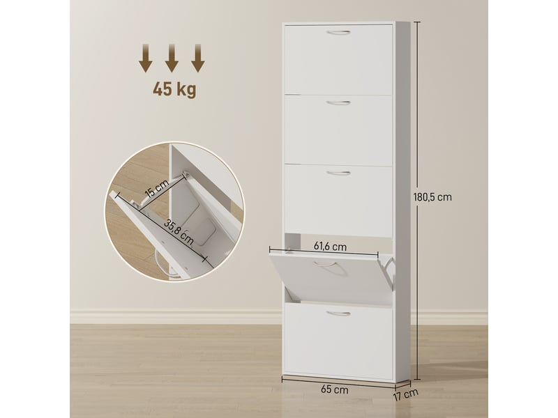 Meuble à chaussures 15 paires, armoire à chaussures étroite moderne avec 5 tiroirs rabattables, 65 x 17 x 180,5 cm blanc - Conforama D