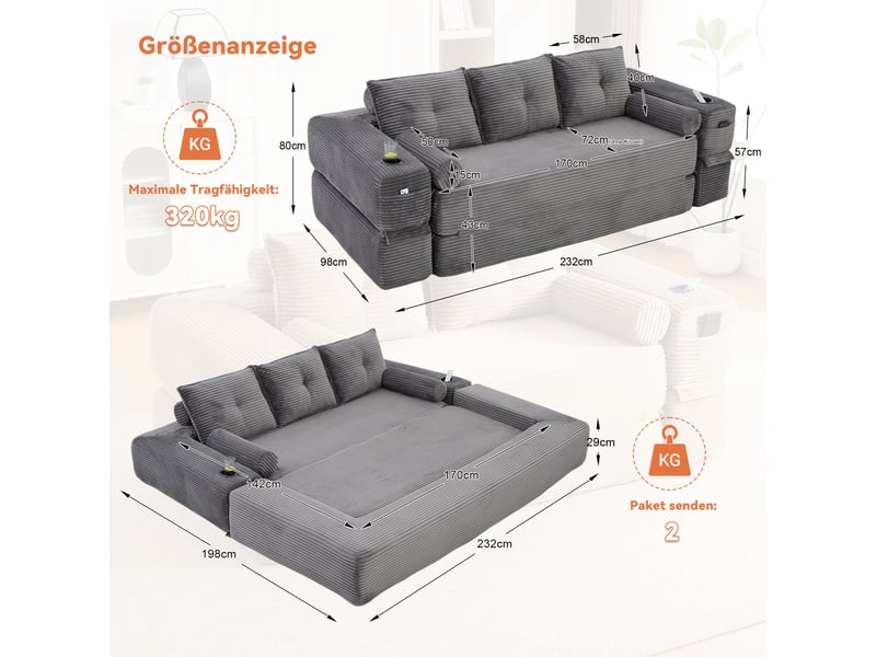  Canapé convertible 3 places en velours côtelé gris foncé avec porte-gobelet et coussins à mémoire de forme  - Conforama C
