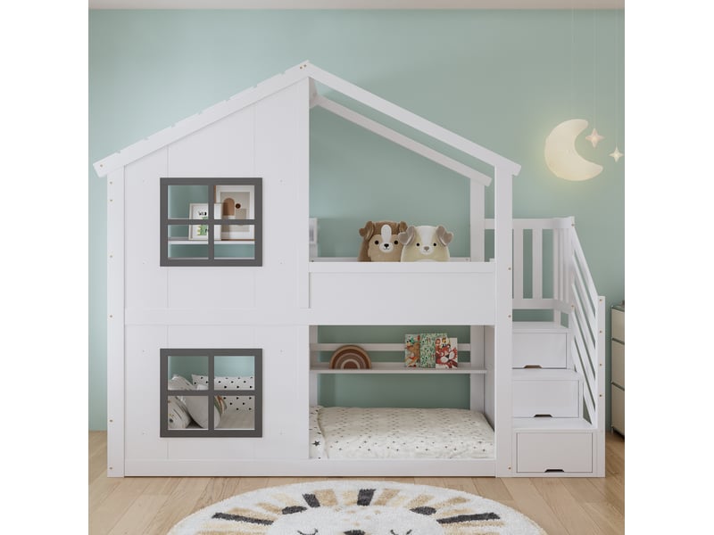  Lit superposé enfant 90x200 cm, escalier 3 marches avec rangement, toit et fenêtres, pin et mdf, blanc et gris sans matelas  - Conforama B