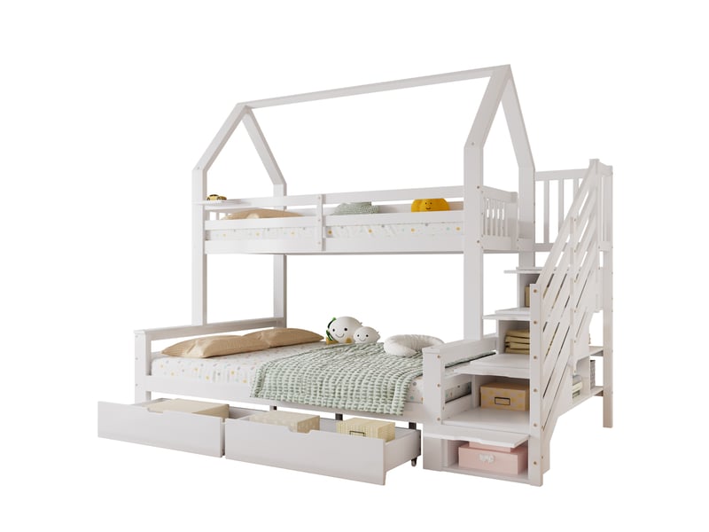  Lit superposé enfant blanc 90x200 et 140x200 cm avec escalier de rangement  - Conforama A