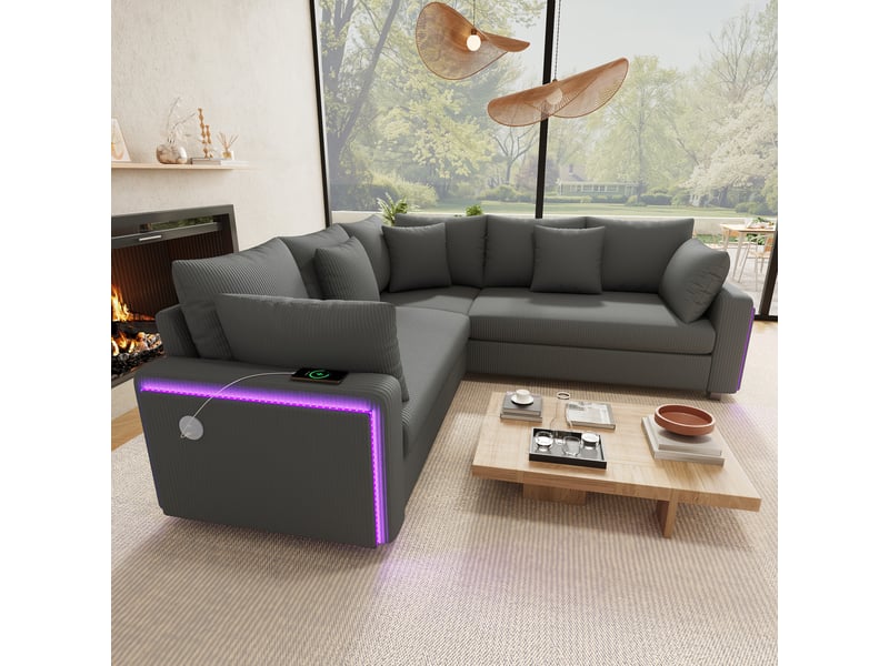  Canapé d'angle 198x198x83 cm – gris – led d'ambiance, usb-c et confort 5 places en velours côtelé  - Conforama B