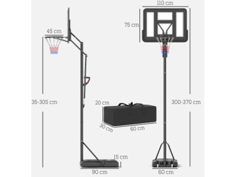 Panier de basket extérieur réglable 235-305 cm – noir – sur roulettes, panneau résistant 110 x 75 cm - Conforama C