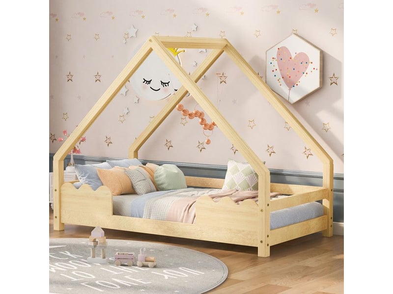  Lit enfant 90x200 cabane en bois massif – barrière de sécurité ondulée, bords arrondis, protection anti-chute – lit junior design naturel - Conforama C