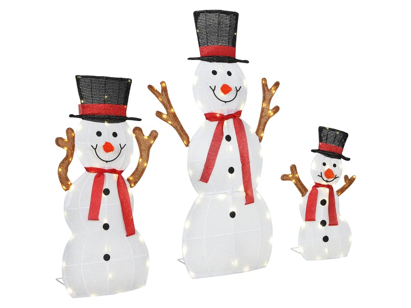  Famille de bonhommes de neige de noël en 3 pièces, décoration extérieure, lumières led, piquets de fixation, étanche, acier, polyester, blanc  - Conforama B