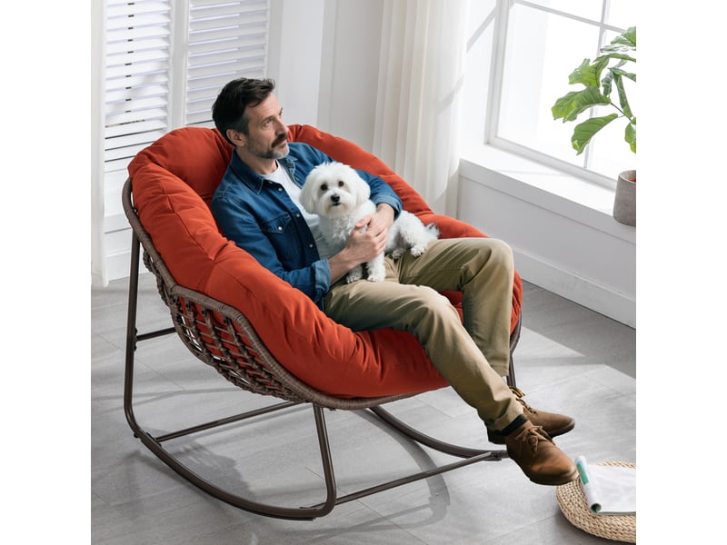  Cocon - fauteuil à bascule en rotin naturel - forme œuf et coussin orange - confortable pour salon, véranda ou chambre  - Conforama D