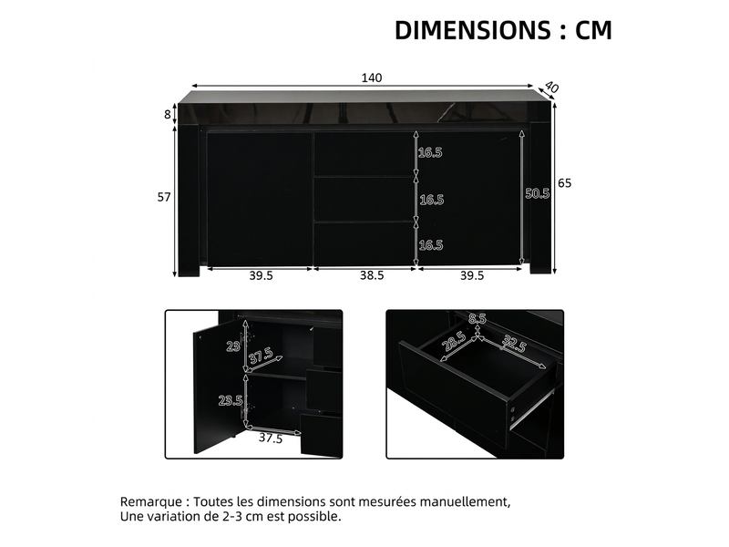  Buffet noir brillant 140 cm avec éclairage led - 3 tiroirs 2 portes  - Conforama C