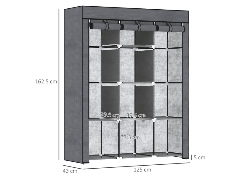  Armoire en tissu avec base surélevée, 8 étagères et 2 tringles, rangement gain de place en tissu non tissé, polypropylène et acier, pour chambre  - Conforama D