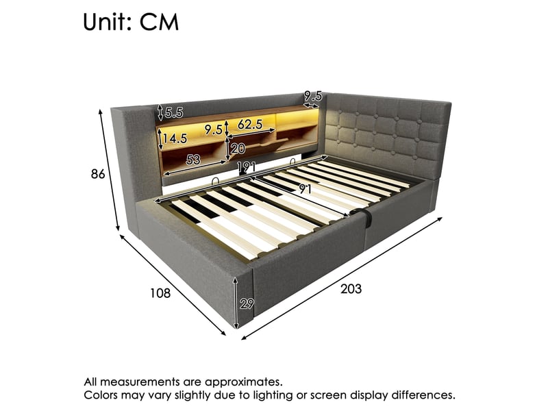  Modenvie lit coffre 90x190 cm - led, ports usb et tête de lit de rangement - sans matelas - gris  - Conforama C