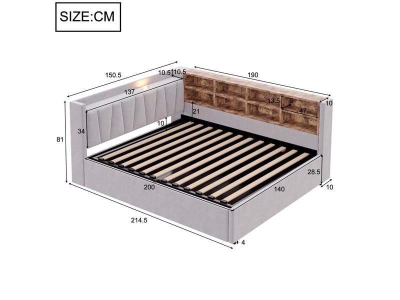 Lit coffre 140x200 cm en velours gris clair avec éclairage et ports usb - Conforama C