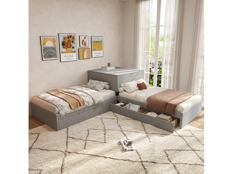  Lit enfant d’angle 90x200 cm en lin gris avec lit gigogne et rangements  - Conforama D