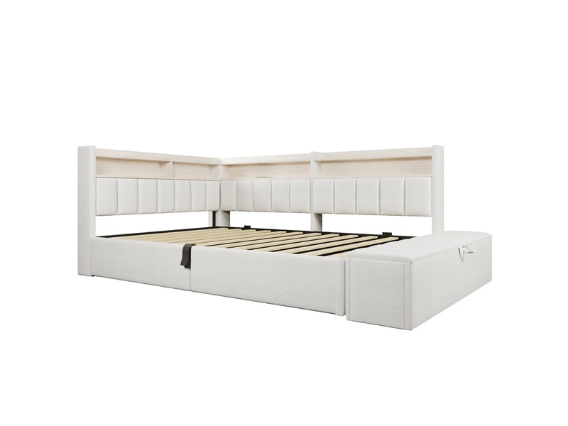 Canapé-lit coffre 140 x 200 cm - avec prise électrique - avec port usb + bande lumineuse led - beige (matelas non inclus) - Conforama A