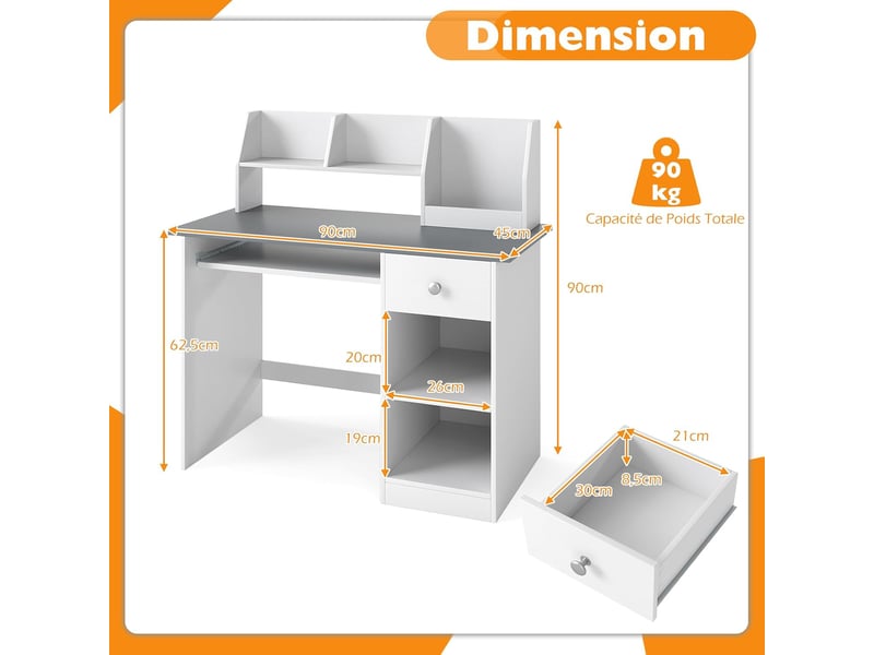 3 en 1 bureau enfant avec rangement, avec 1 tiroir 2 étagères, table enfant en bois avec plateau à clavier, 90x45x90cm (gris)  - Conforama C